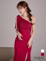 XS-Lサイズあり【SETTAN/セッタン】ワンショルダー/ サテン/ レース/ スパンコール/ リボン/ スリット/ ウエストタック/ ロングドレス / キャバドレス long[OF2]