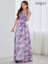 XS-Lサイズあり【SETTAN/セッタン】滲み/ プリント/ シフォン/ Vネック/ バストタック/ ギャザー/ Aライン/ ワンピース/ ロングドレス/ キャバドレス[OF2]