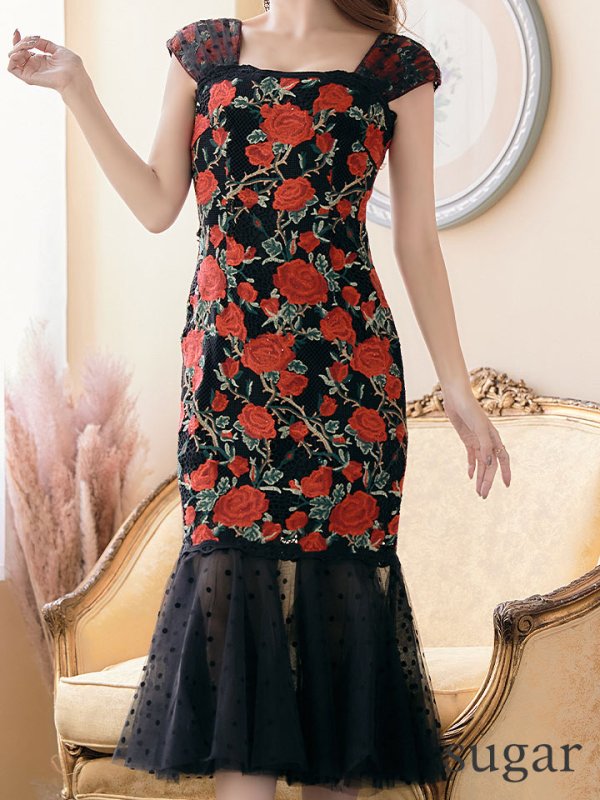 画像9: XS-Lサイズあり【SETTAN/セッタン】フラワー刺繍/ マーメイド/ ノースリーブ/ ミモレ丈/ ワンピース/ ミニドレス/ キャバドレス[OF2]