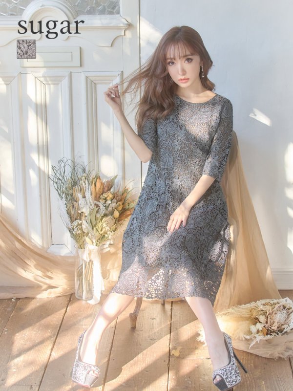 画像1: 【Lサイズあり】【SETTAN/セッタン】フラワーレース/ボートネック /ラメ /半袖 / ミディアム丈/ ワンピース/ ミニドレス/ キャバドレス[OF2]