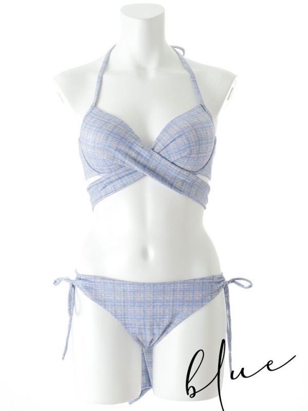 画像40: 【即日発送】【ビキニ】【水着】ツイードプリント バッククロスリボン クロスビキニ 2点セット [YMT]
