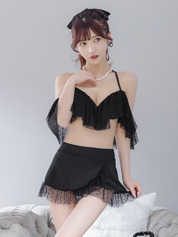 画像13: 【即日発送】【ビキニ】ドットシアーオフショルスカート付きビキニ 3点セット【水着】[YMT]