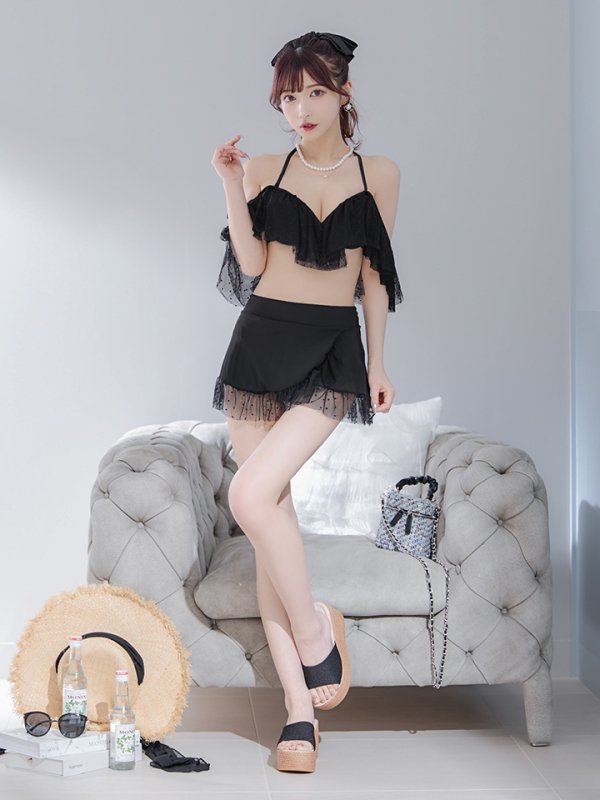 画像15: 【即日発送】【ビキニ】ドットシアーオフショルスカート付きビキニ 3点セット【水着】[YMT]