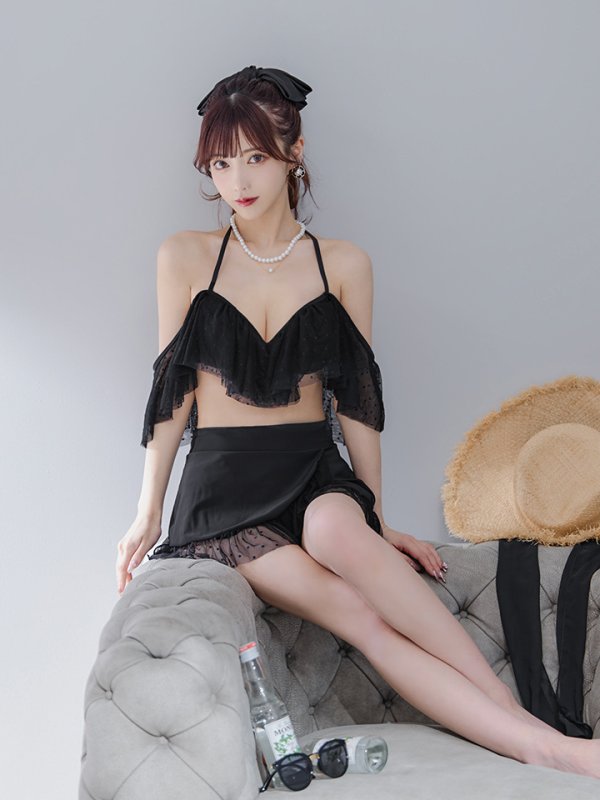 画像6: 【即日発送】【ビキニ】ドットシアーオフショルスカート付きビキニ 3点セット【水着】[YMT]