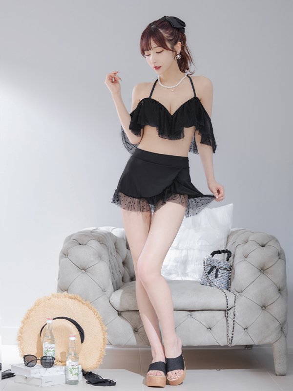 画像9: 【即日発送】【ビキニ】ドットシアーオフショルスカート付きビキニ 3点セット【水着】[YMT]