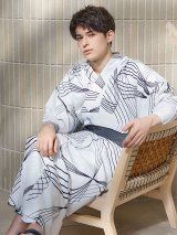 【即日発送！】【メンズ浴衣】ホワイト×ブラック線画浴衣【浴衣・帯・下駄セット】 OBI-MS-004-wk-1-B [YMT]