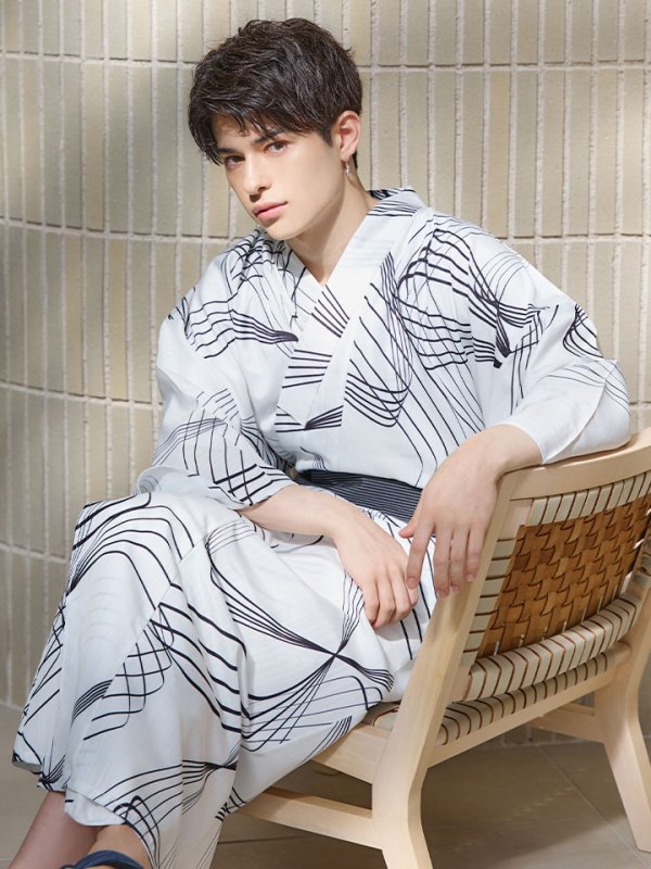 画像13: 【即日発送！】【メンズ浴衣】ホワイト×ブラック線画浴衣【浴衣３点セット 浴衣/帯/下駄】[YMT]