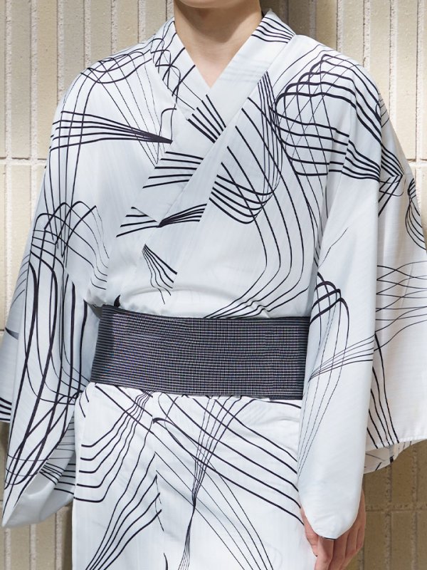 画像17: 【即日発送！】【メンズ浴衣】ホワイト×ブラック線画浴衣【浴衣３点セット 浴衣/帯/下駄】[YMT]