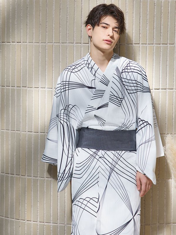 画像3: 【即日発送！】【メンズ浴衣】ホワイト×ブラック線画浴衣【浴衣３点セット 浴衣/帯/下駄】[YMT]