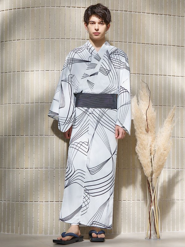 画像4: 【即日発送！】【メンズ浴衣】ホワイト×ブラック線画浴衣【浴衣３点セット 浴衣/帯/下駄】[YMT]
