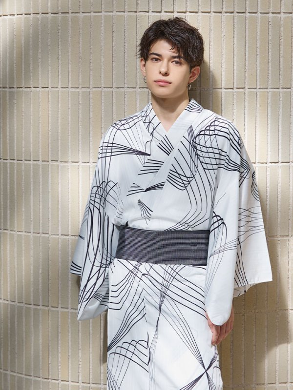 画像6: 【即日発送！】【メンズ浴衣】ホワイト×ブラック線画浴衣【浴衣３点セット 浴衣/帯/下駄】[YMT]