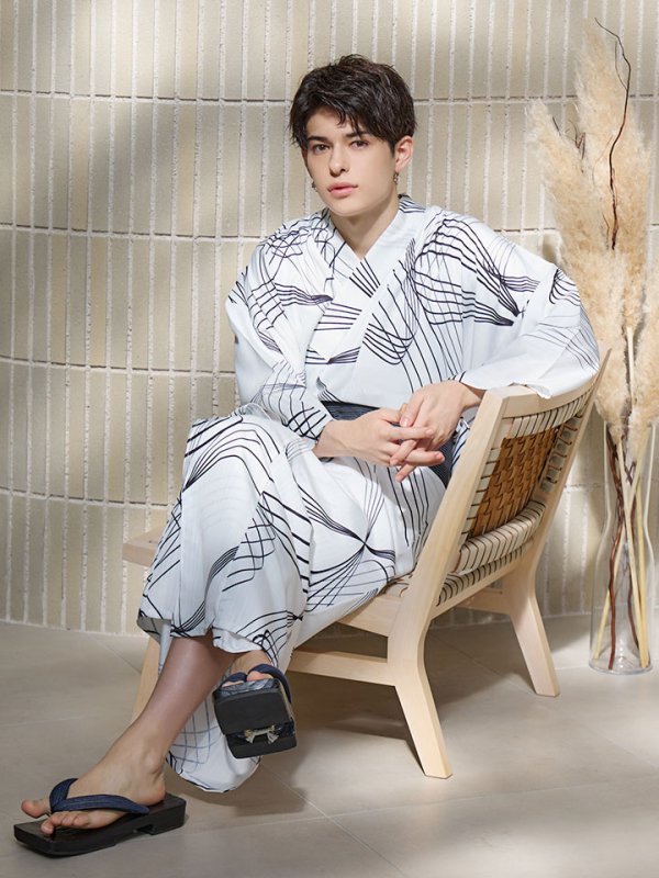 画像8: 【即日発送！】【メンズ浴衣】ホワイト×ブラック線画浴衣【浴衣３点セット 浴衣/帯/下駄】[YMT]