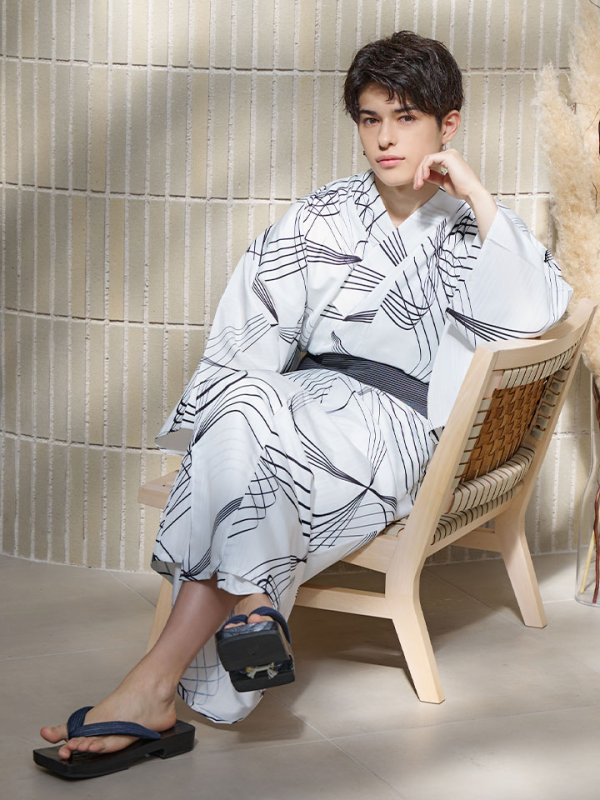 画像9: 【即日発送！】【メンズ浴衣】ホワイト×ブラック線画浴衣【浴衣３点セット 浴衣/帯/下駄】[YMT]