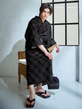 【予約 / 5月中旬発送予定】ブラック×グリーン幾何学的模様紳士浴衣 OBI-MS-002-wk-2-BxGY / GETA-MS-32-ok-1-B/ [yog/YMT]
