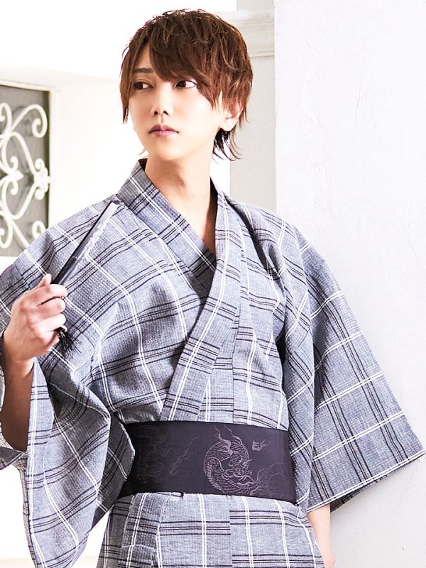 画像4: 【即日発送】【浴衣セット】グレー地格子柄メンズ浴衣【浴衣３点セット 浴衣/帯/下駄】[HC02]