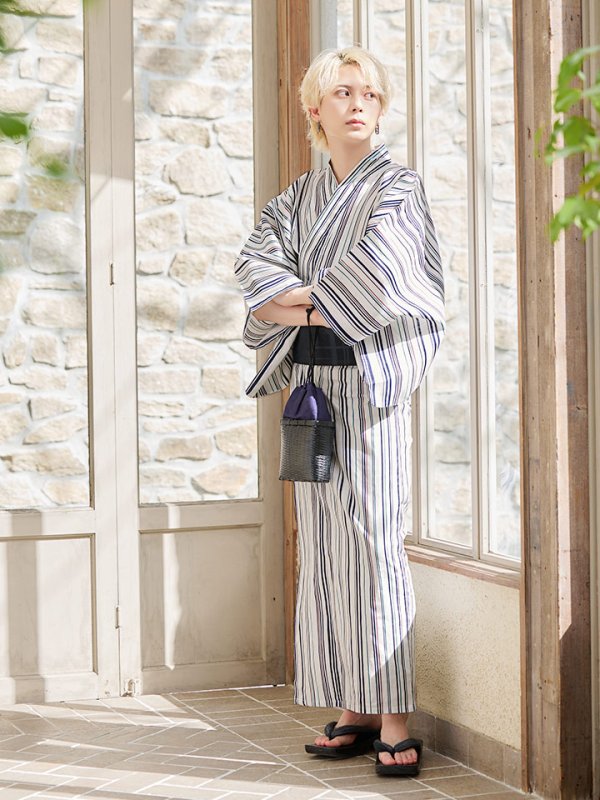 画像3: 【即日発送】【メンズ浴衣】白地×スタイリッシュストライプ浴衣【浴衣３点セット 浴衣/帯/下駄】[YMT]