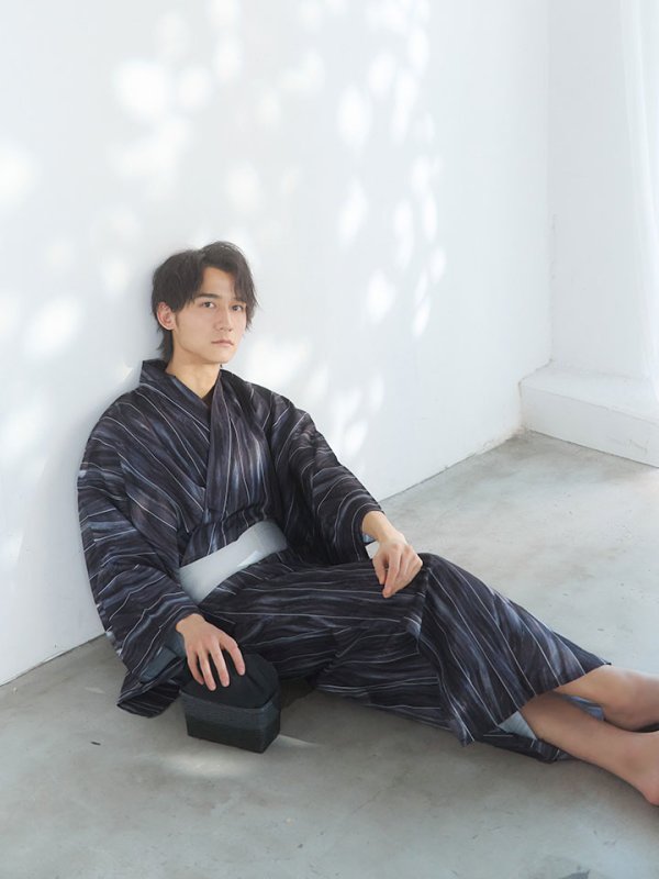 画像2: 【ノベルティ対象】【即日発送！】【メンズ浴衣】モザイクアート×ストライプ浴衣【浴衣３点セット 浴衣/帯/下駄】OBI-MS-001-ok-5-W [YMT]