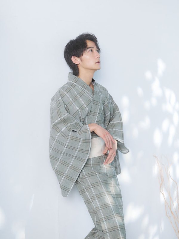 画像10: 【即日発送】【メンズ浴衣】グリーンベージュモダン浴衣【浴衣３点セット 浴衣/帯/下駄】[YMT]