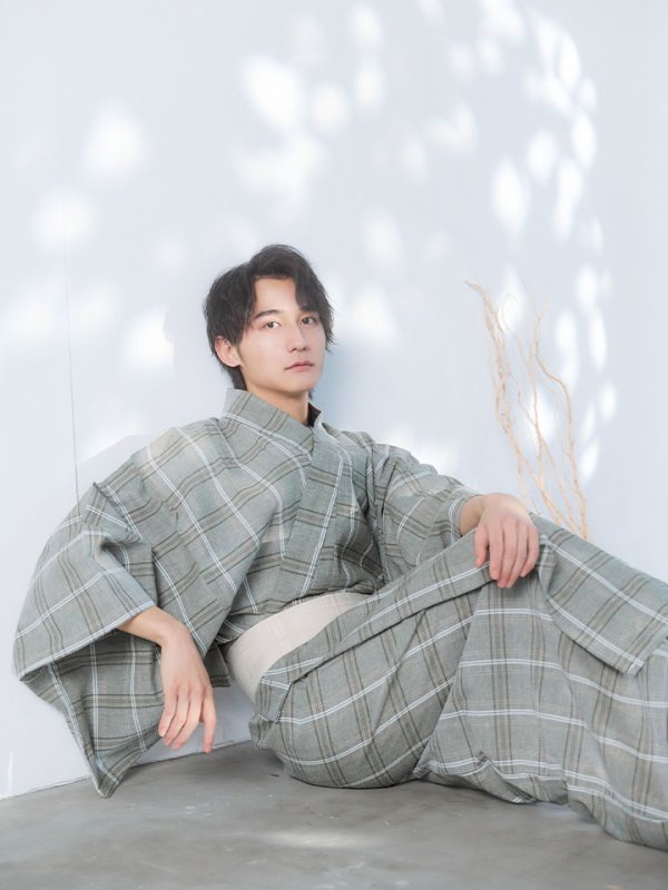 画像12: 【即日発送】【メンズ浴衣】グリーンベージュモダン浴衣【浴衣３点セット 浴衣/帯/下駄】[YMT]