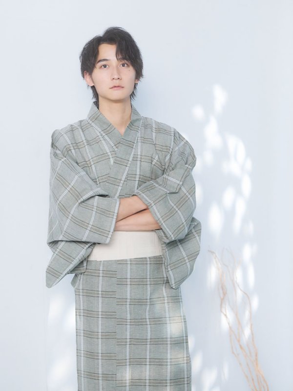 画像15: 【即日発送】【メンズ浴衣】グリーンベージュモダン浴衣【浴衣３点セット 浴衣/帯/下駄】[YMT]