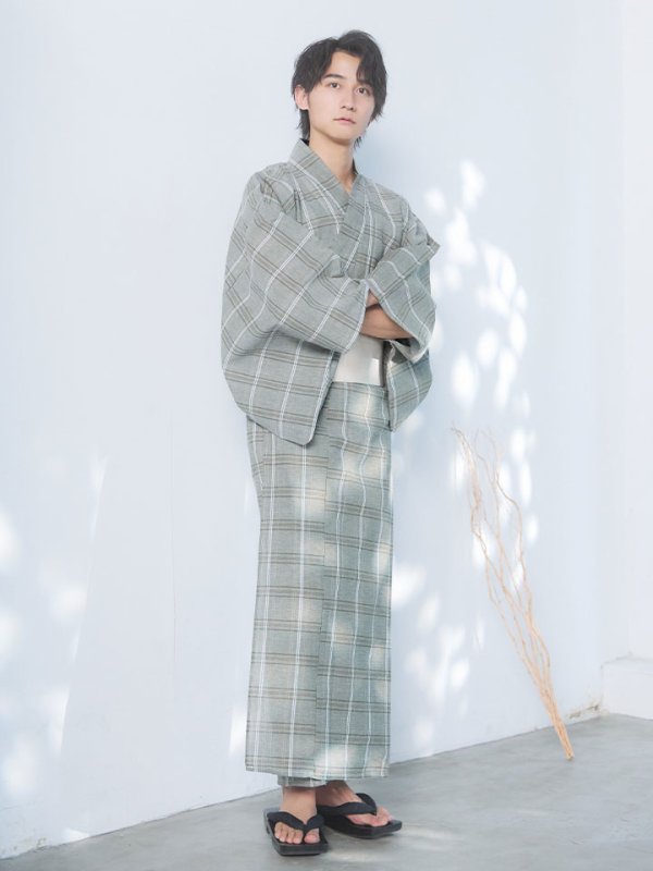 画像4: 【即日発送】【メンズ浴衣】グリーンベージュモダン浴衣【浴衣３点セット 浴衣/帯/下駄】[YMT]