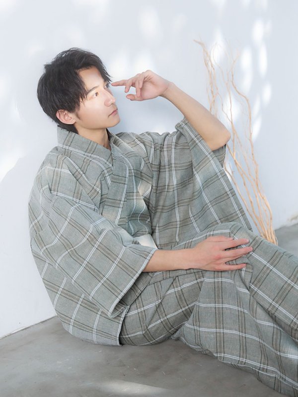 画像8: 【即日発送】【メンズ浴衣】グリーンベージュモダン浴衣【浴衣３点セット 浴衣/帯/下駄】[YMT]