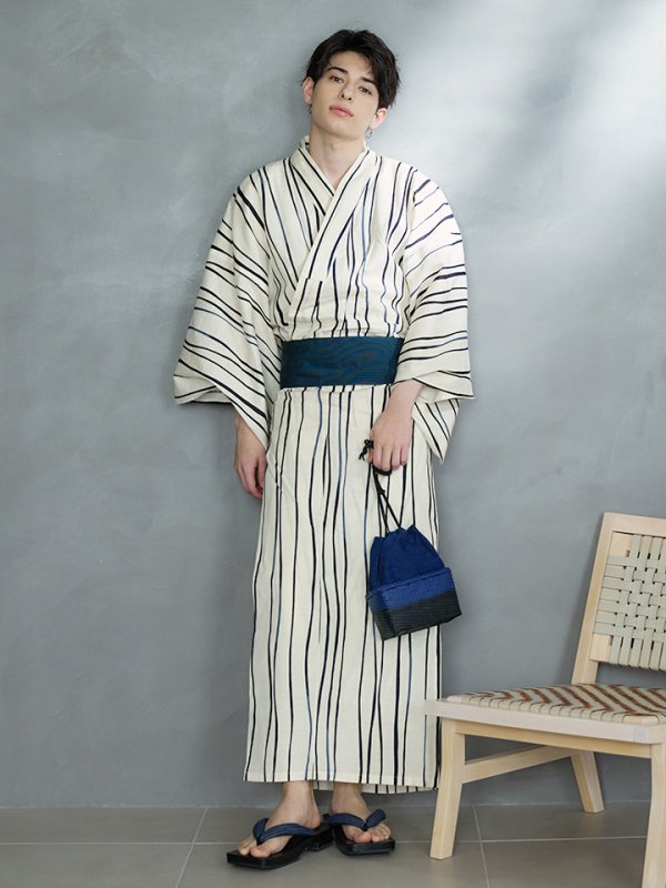 画像11: 【即日発送】【メンズ浴衣】白地×ストライプ浴衣【浴衣３点セット 浴衣/帯/下駄】[YMT]