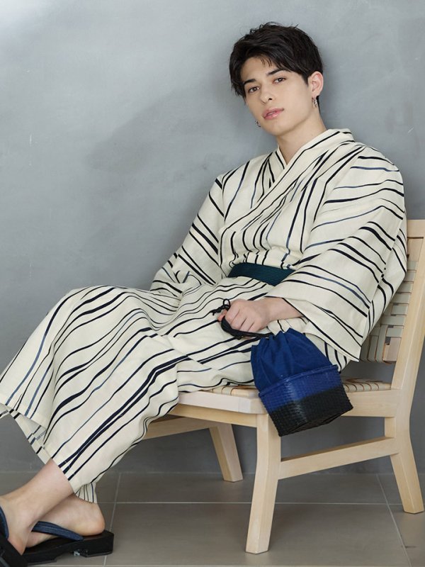 画像13: 【即日発送】【メンズ浴衣】白地×ストライプ浴衣【浴衣３点セット 浴衣/帯/下駄】[YMT]