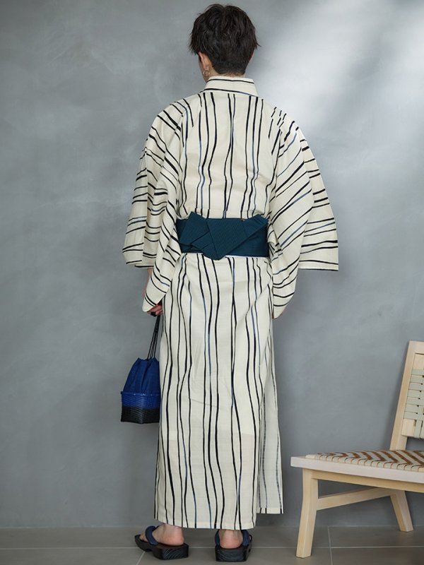 画像14: 【即日発送】【メンズ浴衣】白地×ストライプ浴衣【浴衣３点セット 浴衣/帯/下駄】[YMT]