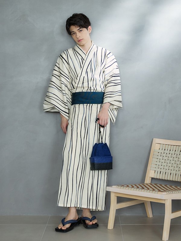 画像5: 【即日発送】【メンズ浴衣】白地×ストライプ浴衣【浴衣３点セット 浴衣/帯/下駄】[YMT]