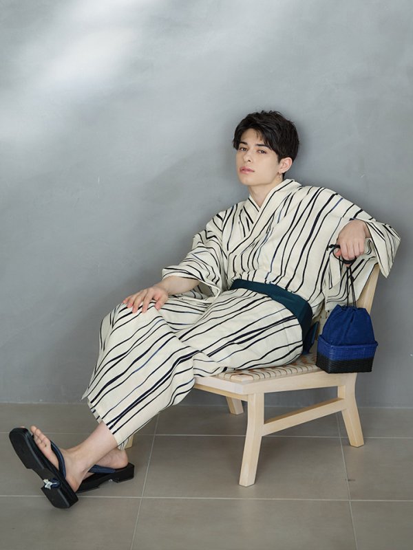 画像9: 【即日発送】【メンズ浴衣】白地×ストライプ浴衣【浴衣３点セット 浴衣/帯/下駄】[YMT]