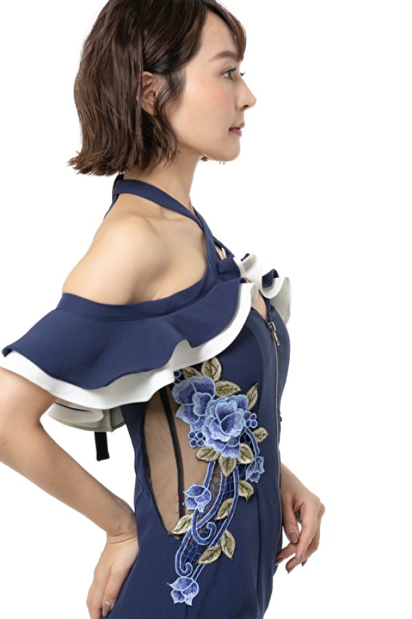 画像4: XLサイズあり【Alice/アリス】 クロスホルター/ フリルオフショルダー/ フロントジップ/ ミディアム丈/ミニドレス/ キャバドレス【HC03】