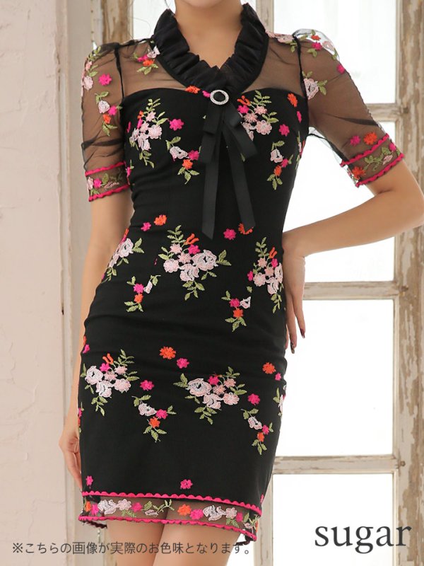 画像4: 【ANDY MAGAZINE VOL.20 COLLECTION 11】フラワー刺繍/ シアーレース/ リボンブローチ/ ショートスリーブ/ タイト/ ミニドレス/ キャバドレス[OF05]