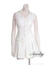 XSサイズあり【ANDY/アンディ】ワンカラー/ ビジューボタン/ 襟付き/ ノースリーブ/ Vネック/ ボックスプリーツ/ フレア/ ミニドレス/ キャバドレス[OF05]