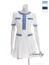 【ANDY/アンディ】デニム/ フリンジ/ ボタン/ バイカラー/ ハーフスリーブ/ 袖あり/ ボックスプリーツ/ フレア/ ミニドレス/ キャバドレス[OF05]