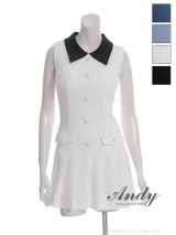 XSサイズあり【ANDY/アンディ】襟付き/ シンプル/ ビジューボタン/ ノースリーブ/ バイカラー/ フレア/ ミニドレス/ キャバドレス[OF05]