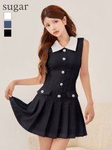 XSサイズあり【ANDY/アンディ】襟付き/ シンプル/ ビジューボタン/ ノースリーブ/ バイカラー/ フレア/ ミニドレス/ キャバドレス[OF05]