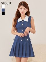 XSサイズあり【ANDY/アンディ】襟付き/ シンプル/ ビジューボタン/ ノースリーブ/ バイカラー/ フレア/ ミニドレス/ キャバドレス[OF05]