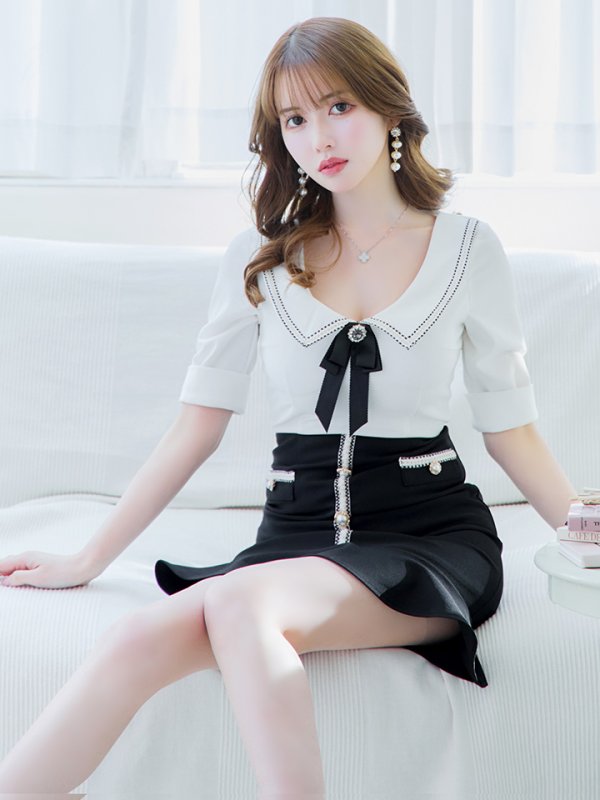 画像4: 【ANDY/アンディ】バイカラー/ 切り替えデザイン/ リボンブローチ/ 半袖/ 袖あり/ タイト/ ミニドレス/ キャバドレス[OF05]