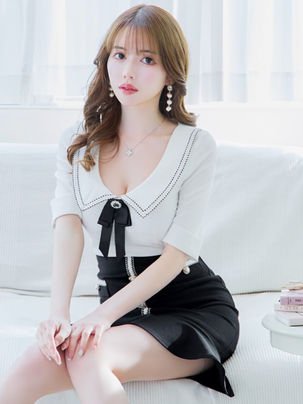 画像5: 【ANDY/アンディ】バイカラー/ 切り替えデザイン/ リボンブローチ/ 半袖/ 袖あり/ タイト/ ミニドレス/ キャバドレス[OF05]