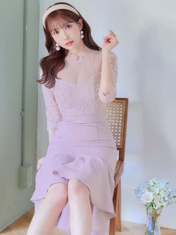 画像4: 【Andy ANDY Fashion Press 15 COLLECTION 06】マーメイド/ レース切り替え/ デコルテシアー/ ハイネック/ 七分袖/ 長袖/ 袖あり/ ワンカラー/ フィッシュテール/ フリル/ ミディアムドレス/ キャバドレス[OF05]