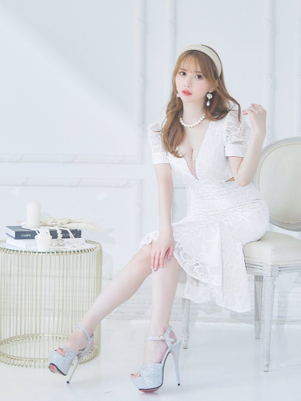 画像3: 【LIMITED SALE開催中！! 11月11日より順次発送予定】【Andy ANDY Fashion Press 15 COLLECTION 01】フラワーレース/ ウエストカット/ 袖あり/ 半袖/ パフスリーブ/ シアー/ タイト/ 膝丈/ ミディアムドレス/ キャバドレス[OF05]