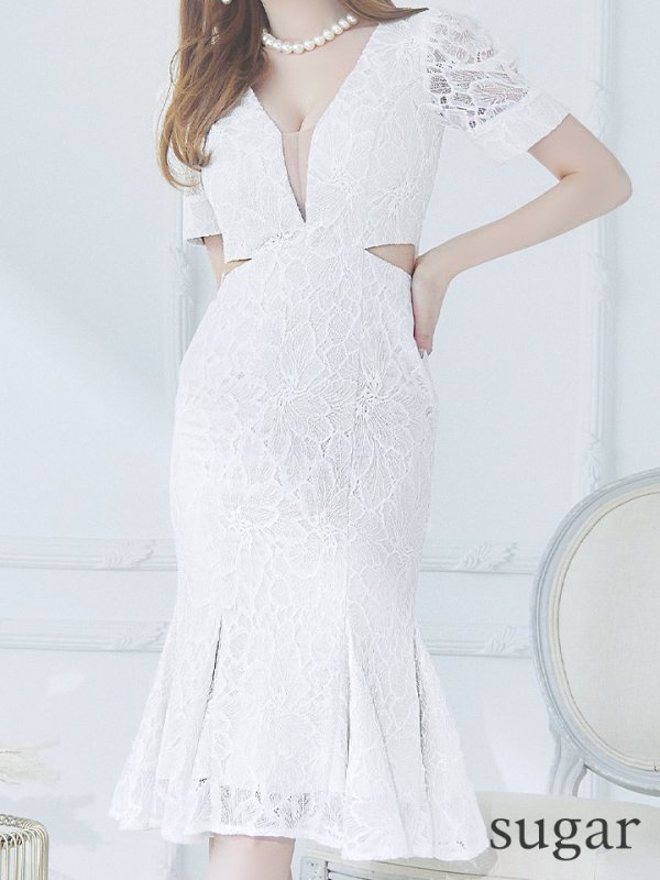 画像8: 【LIMITED SALE開催中！! 11月11日より順次発送予定】【Andy ANDY Fashion Press 15 COLLECTION 01】フラワーレース/ ウエストカット/ 袖あり/ 半袖/ パフスリーブ/ シアー/ タイト/ 膝丈/ ミディアムドレス/ キャバドレス[OF05]