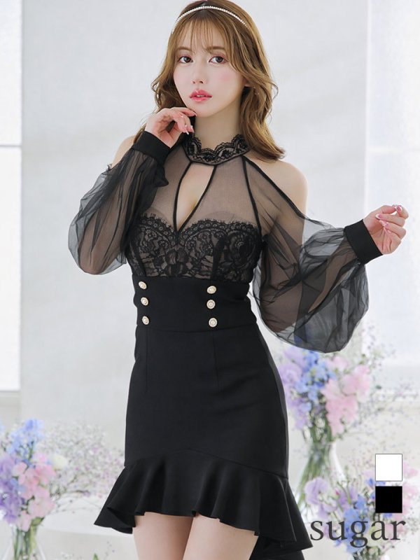 画像21: XSサイズあり【ANDY/アンディ】シアー/ レース/ マーメイド/ アシンメトリー/ 裾フリル/ パールボタン/ 袖あり/ 長袖/ ミニドレス/ キャバドレス[OF05]