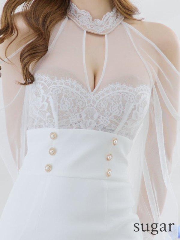 画像10: XSサイズあり【ANDY/アンディ】シアー/ レース/ マーメイド/ アシンメトリー/ 裾フリル/ パールボタン/ 袖あり/ 長袖/ ミニドレス/ キャバドレス[OF05]