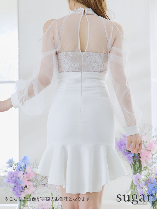 画像9: XSサイズあり【ANDY/アンディ】シアー/ レース/ マーメイド/ アシンメトリー/ 裾フリル/ パールボタン/ 袖あり/ 長袖/ ミニドレス/ キャバドレス[OF05]