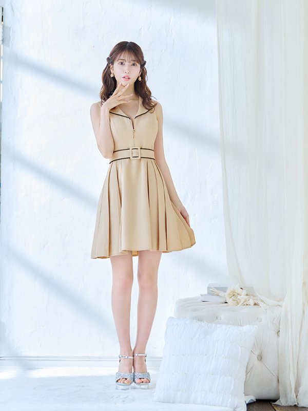 画像6: XSサイズあり【ANDY/アンディ】フロントジップ/ バイカラー/ ベルト/ ノースリーブ/ フレア/ ミニドレス/ キャバドレス[OF05]