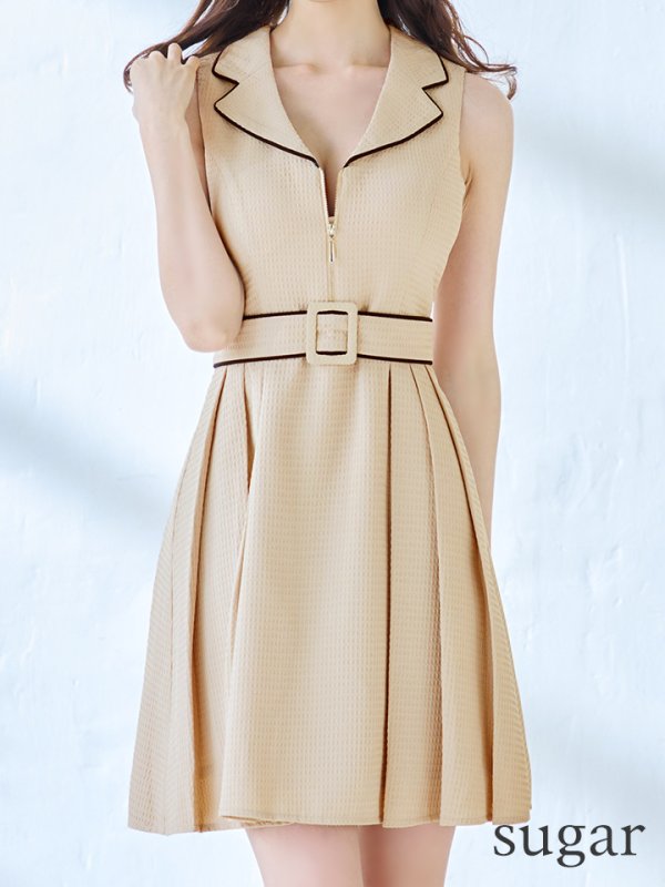 画像10: XSサイズあり【ANDY/アンディ】フロントジップ/ バイカラー/ ベルト/ ノースリーブ/ フレア/ ミニドレス/ キャバドレス[OF05]