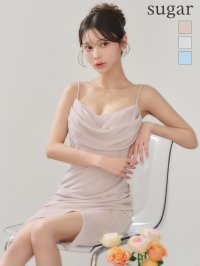 XSサイズあり【ANDY/アンディ】バストドレープ/ ワンカラー/ ラメニット/ キャミ/ タック/ タイト/ ミディアムドレス/ キャバドレス[OF05]