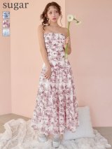 XSサイズあり【ANDY/アンディ】ベアトップ/ ウエストカット/ ノースリーブ/ 総柄/ リボン/ Aライン/ フレア/ ワンピース/ ロングドレス/ キャバドレス[OF05]